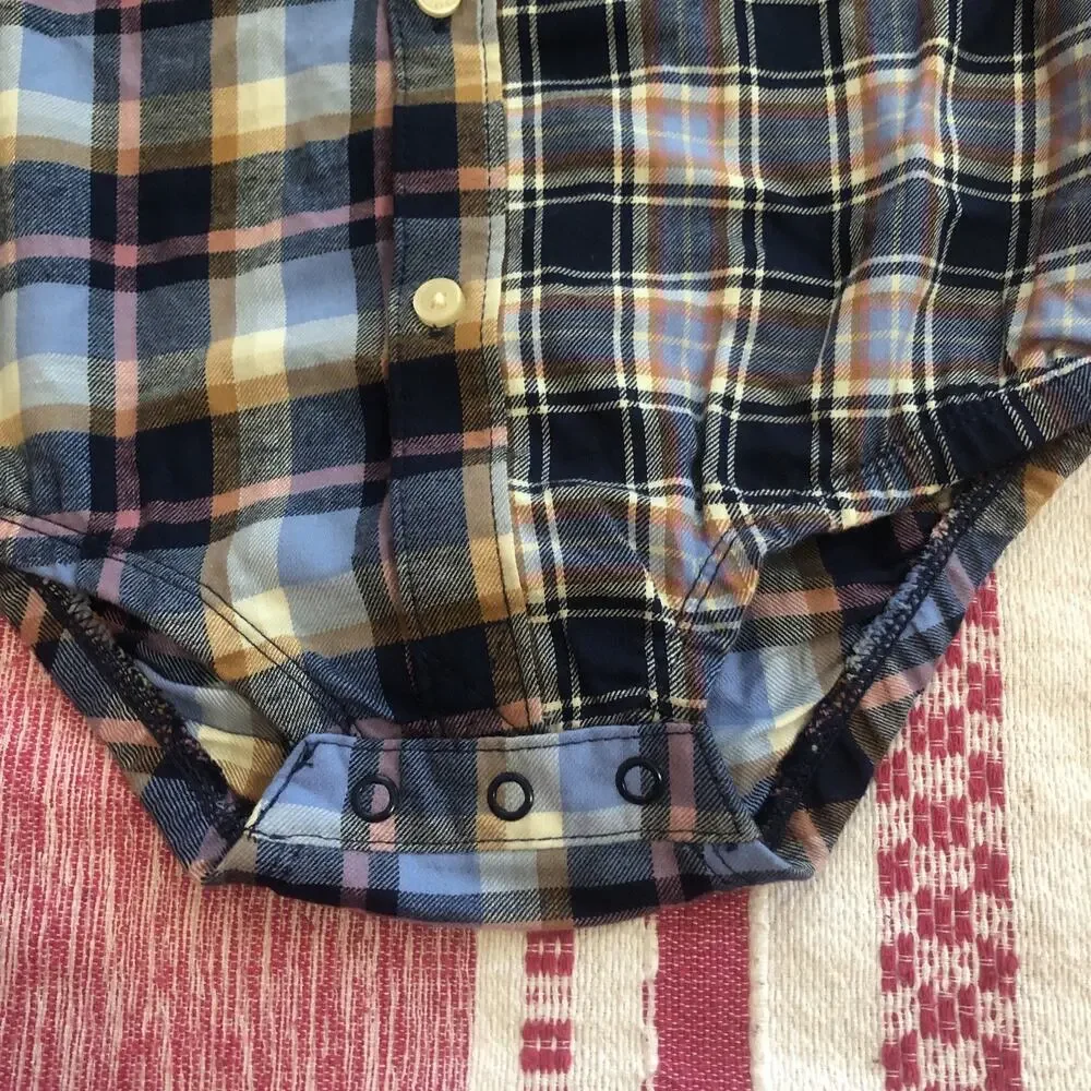 NWOT OshKosh Bgosh Baby Boys Blue Plaid Long Sleeve Button Down Bodysuit 18M